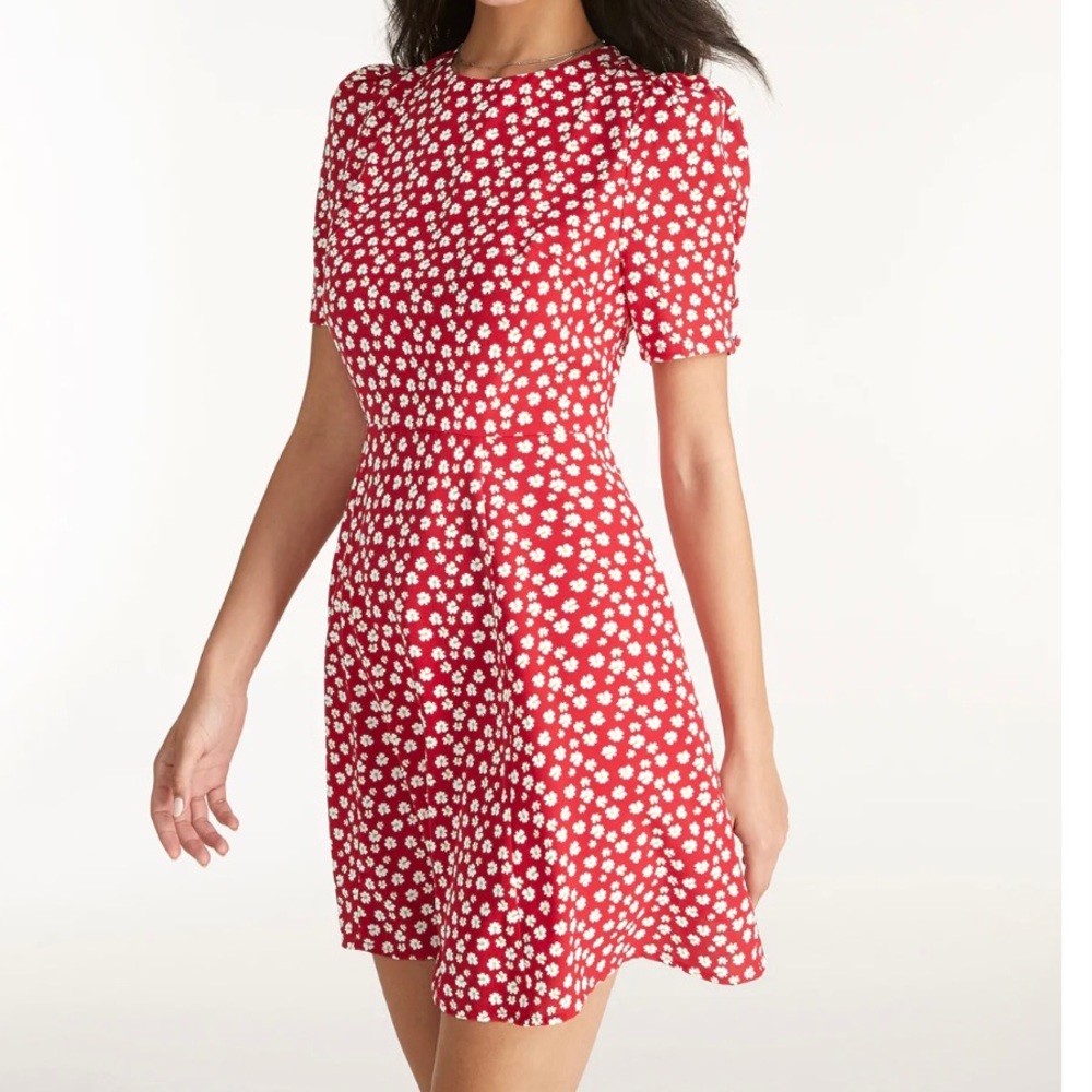 New Commense Straight Neck Short Puff Sleeve A Line Mini Dress Red M Medium